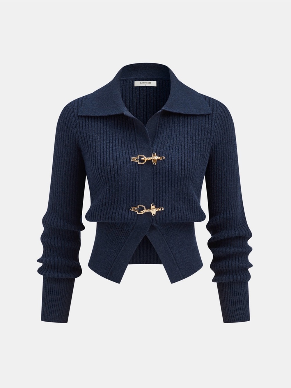 Commense Dark Navy Ribbed Knit Sweater with Gold Buckle